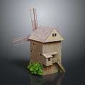 Wooden Windmill Building with Traditional Roof Stairs and Small Windows Surrounded by Green Plants