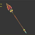 Red And Golden Spear With Flame Shaped Head And Intricate Shaft Design