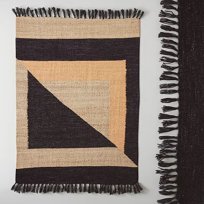 Modern Square Rug With Geometric Pattern Neutral And Warm Tones Fringed Edges 3d model