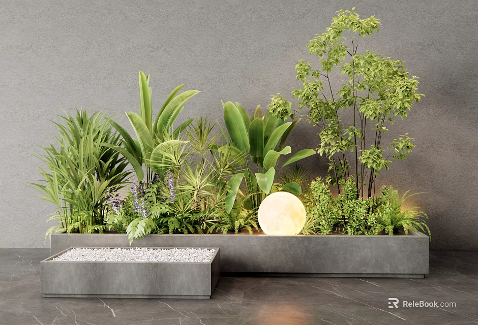 Modern Indoor Green Plant Combination With Concrete Planter And Round Light 3d model 