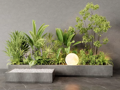 Modern Indoor Green Plant Combination With Concrete Planter And Round Light 3d model