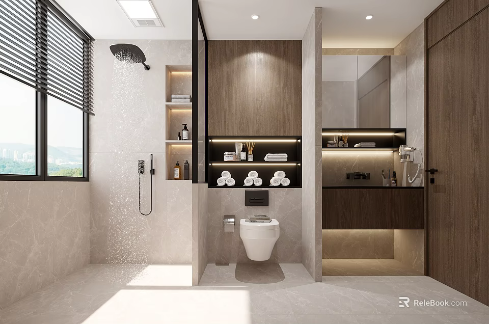 Elegant Modern Bathroom Interior Design With Shower Area Wooden Cabinets Toilet Mirror And Shelves 3d model 