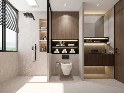 Elegant Modern Bathroom Interior Design With Shower Area Wooden Cabinets Toilet Mirror And Shelves 3d model