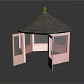 Wooden Gazebo Structure With Gray Roof Golden Finial Open Door And Glass Windows