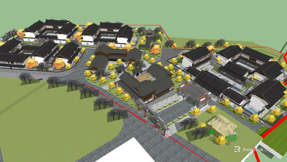 Ancient Architecture Complex With Traditional Courtyards Stone Pathways And Black Tiled Roofs 3d model 