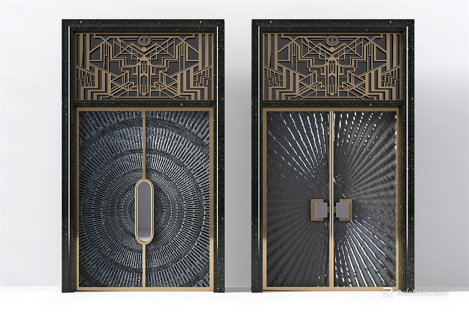 Double Doors In Art Deco Style With Black Gold Frame Geometric Pattern And Glass Panel 3d model 