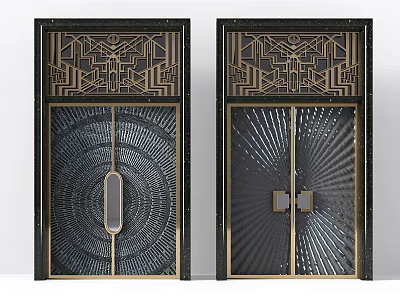 Double Doors In Art Deco Style With Black Gold Frame Geometric Pattern And Glass Panel 3d model