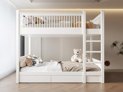 Modern White Bunk Bed Design With Cozy Mattress Pillows And Storage Drawers 3d model