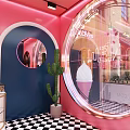 Pink Dessert Shop Interior Design With Arched Decor White Tables Chairs And Counter