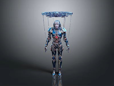Futuristic Mechanical Cyborg Figure With Advanced Metallic Armor And Suspended Structure Above Head 3d model