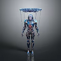 Futuristic Mechanical Cyborg Figure With Advanced Metallic Armor And Suspended Structure Above Head