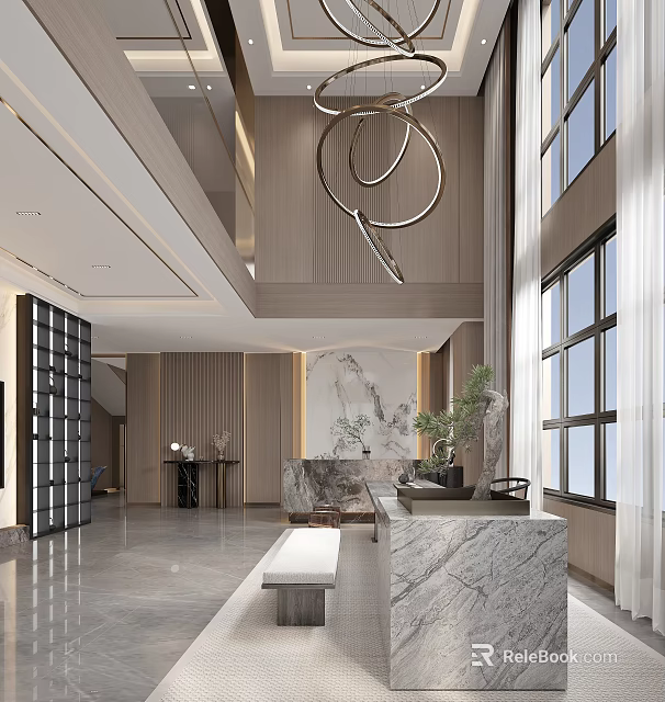 Modern Duplex Living Room With High Ceiling Large Windows And Marble Accents 3d model 