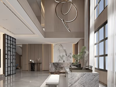 Modern Duplex Living Room With High Ceiling Large Windows And Marble Accents 3d model