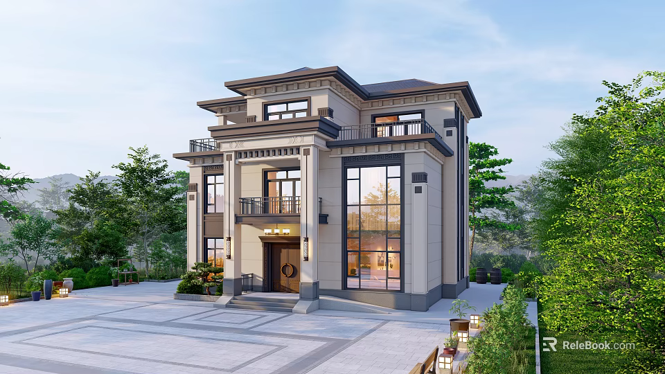 Modern Detached Villa Exterior Design With Large Windows And Courtyard Greenery 3d model 