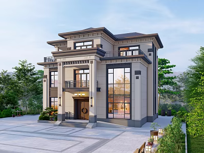 Modern Detached Villa Exterior Design With Large Windows And Courtyard Greenery 3d model