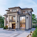 Modern Detached Villa Exterior Design With Large Windows And Courtyard Greenery