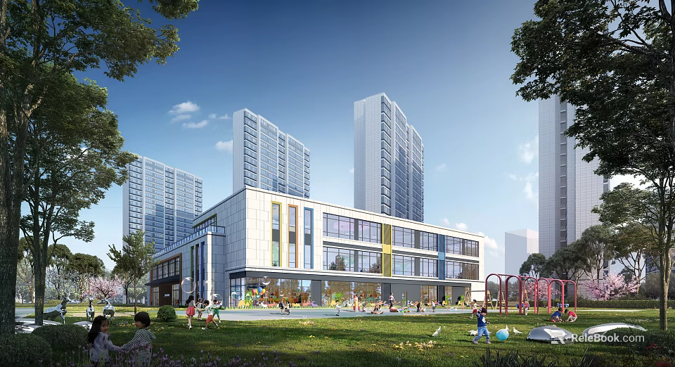 Modern High Rise Buildings And Low Rise Building With Green Lawn And Children Playing 3d model 