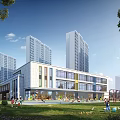 Modern High Rise Buildings And Low Rise Building With Green Lawn And Children Playing