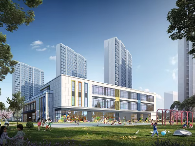 Modern High Rise Buildings And Low Rise Building With Green Lawn And Children Playing 3d model