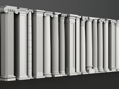 White Classical Architectural Columns with Fluted Details and Ornate Capitals Arranged in a Row 3d model