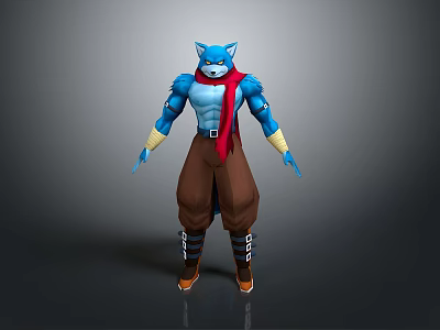 Blue Anthropomorphic Creature Character With Red Scarf Brown Pants Yellow Wristbands And Boots 3d model