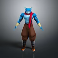 Blue Anthropomorphic Creature Character With Red Scarf Brown Pants Yellow Wristbands And Boots