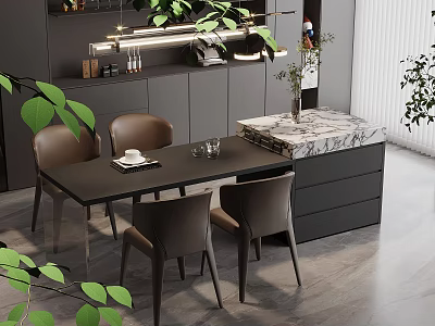Modern Kitchen Interior With Marble Island Dining Table Chairs And Cabinets 3d model