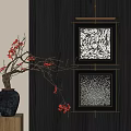 Two Modern Abstract Paintings on Black Wall with Golden Frames and Vase on Wooden Stand