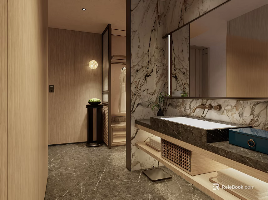Hotel Bathroom Interior With Marble Walls Large Mirror Sink Counter And Stone Floor 3d model 