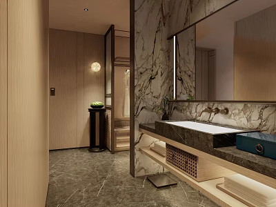 Hotel Bathroom Interior With Marble Walls Large Mirror Sink Counter And Stone Floor 3d model