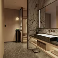 Hotel Bathroom Interior With Marble Walls Large Mirror Sink Counter And Stone Floor