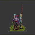3D Model Of Ancient Soldiers In Blue Red Silver Costumes Standing On Green Grass With Spear