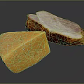 Delicious Yellow Cheese with Holes and Cooked Red Brown Bacon on Dark Background