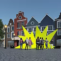 Yellow Star Shaped Installation With Live Band Performance And Colorful Buildings In Street Square