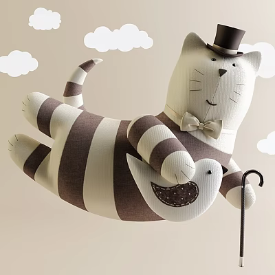 Striped Stuffed Cat Doll With Top Hat Bow Tie Holding Bird And Umbrella Handle 3d model