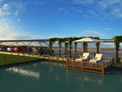 Scenic Garden Landscape With Pool Wooden Deck Green Vines White Lounge Chairs And Umbrella 3d model