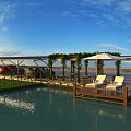 Scenic Garden Landscape With Pool Wooden Deck Green Vines White Lounge Chairs And Umbrella