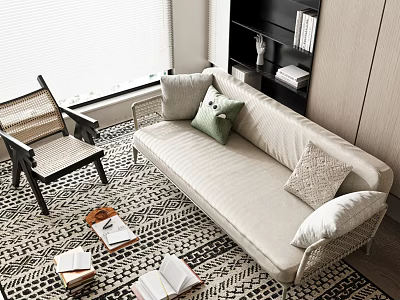 Beige Sofa Set with Green Beige Cushions on Black White Geometric Rug and Rattan Chair 3d model