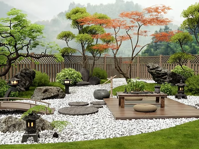 Japanese Courtyard Garden with Wooden Deck Pebble Ground Stone Lanterns Maple Trees and Small Bridge 3d model