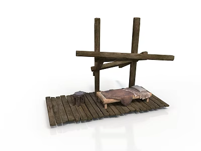 Rustic Wooden Furniture Set With Simple Bed And Small Stool On Plank Platform 3d model