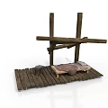 Rustic Wooden Furniture Set With Simple Bed And Small Stool On Plank Platform