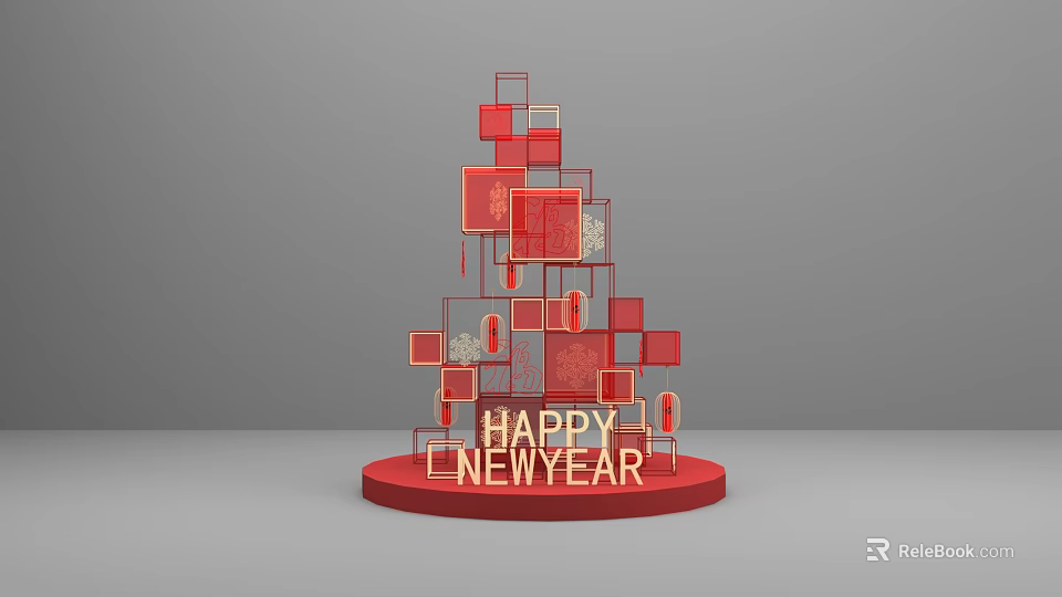Red Geometric 3D Structure With Multiple Squares And Happy New Year Text 3d model 