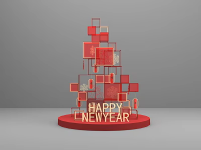 Red Geometric 3D Structure With Multiple Squares And Happy New Year Text 3d model