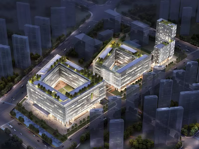 Aerial Planning View Of Modern Urban Buildings With Green Roof Design 3d model