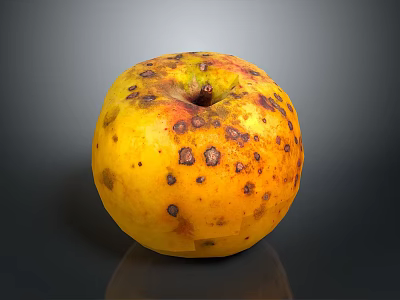 Yellow Spotted Apple with Brown Blemishes on Dark Background with Shiny Reflection Surface 3d model