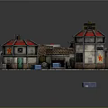 Cartoon Industrial Scene With Buildings Red Roofs Red Star Symbols Blue Crates And Loading Area