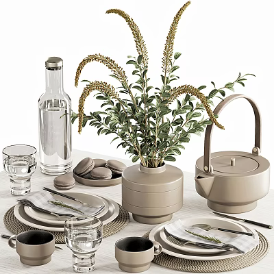 Neutral Tones Dinnerware Set With Teapot Glassware Greenery And Macarons 3d model