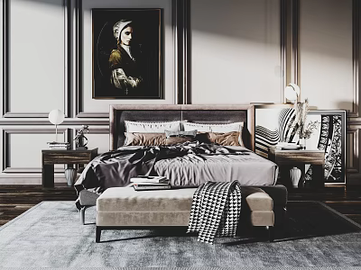 Double Bed Bedroom with Decorative Walls Bedside Painting Nightstands Table Lamps Plaid Blanket Bench 3d model