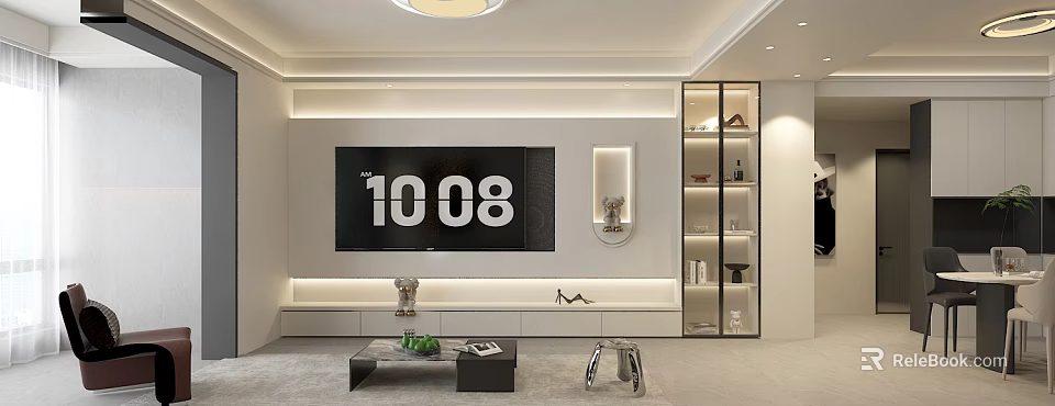 Modern Living Dining Room Interior With TV Wall Glass Display Cabinet And Decorations 3d model 