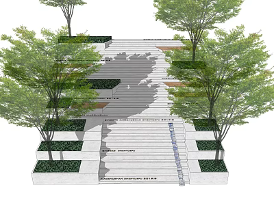 Landscaped Outdoor Staircase Design With Trees Green Plants And Stone Steps 3d model